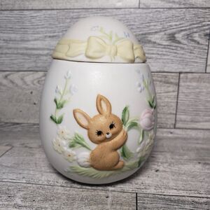 Vintage Lefton Easter Egg Bunny Rabbit Bisque Porcelain Trinket Box Candle